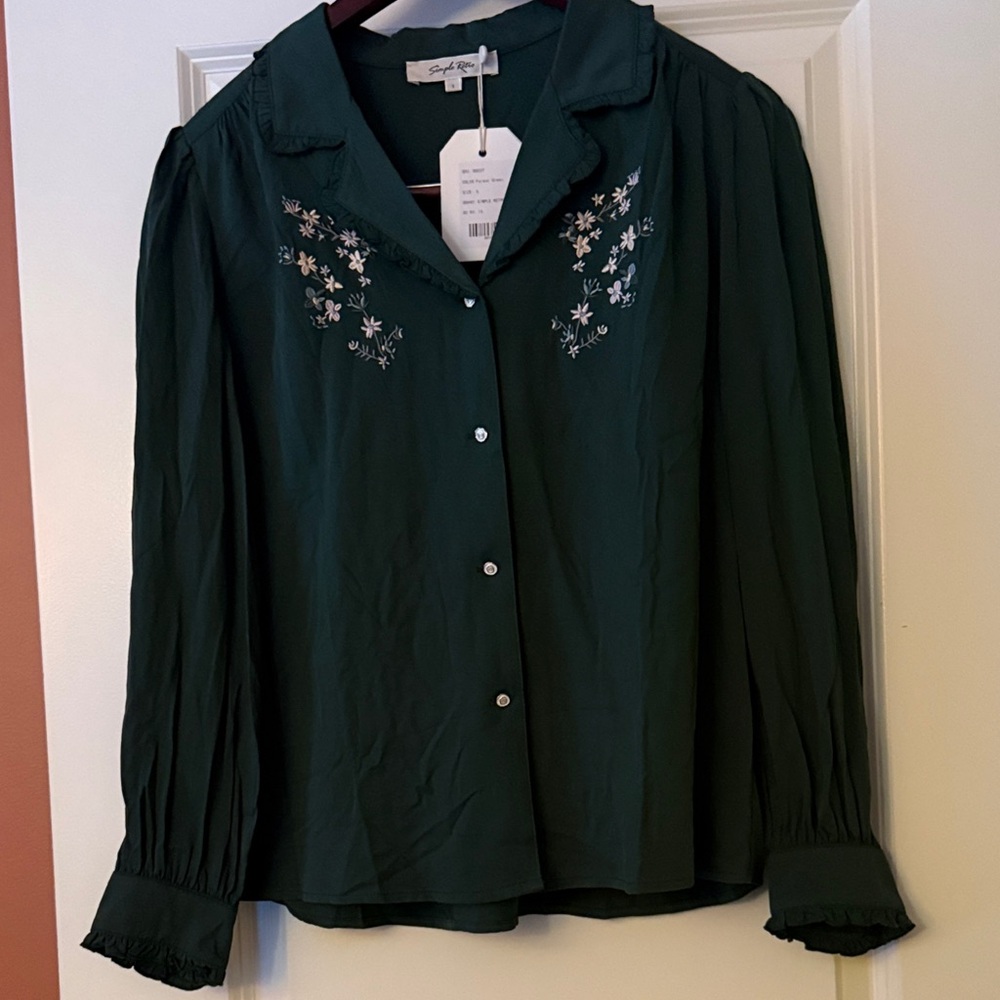Forest Green L/S Floral Embroidered Blouse, Convallaria